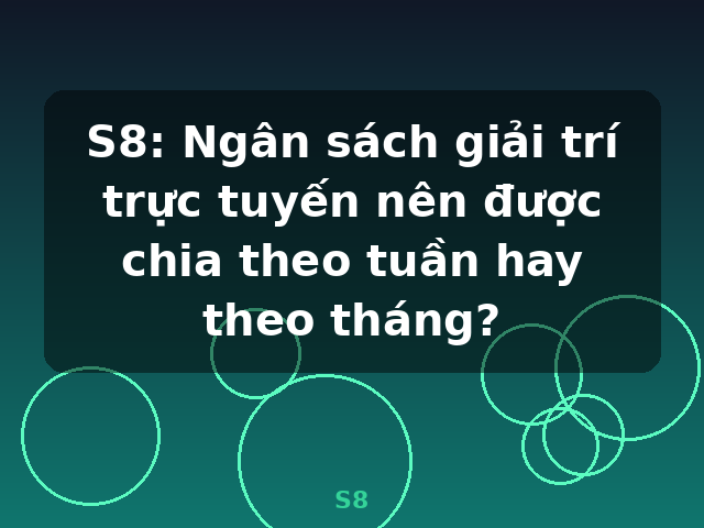 S8: Ngân sách giải trí trực tuyến nên được chia theo tuần hay theo tháng? - S8 S8: Ngân sách giải trí trực tuyến nên được chia theo tuần hay theo tháng? - S8
